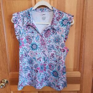 X by Gottex Women's Floral Sleeveless Collared Golf Tennis Polo Size L Pink Blue